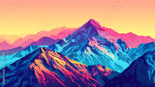 Bright Colorful Illustration of Mountain Range and Sky