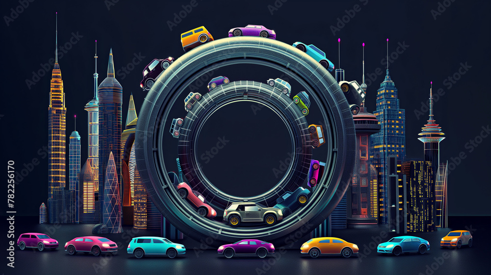 Giant steel bearing. Multi-colored cars drive around inside the arc, AI generated