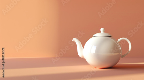 3D rendering of a white ceramic teapot on a peach-colored background. The teapot is sitting on a peach-colored table.