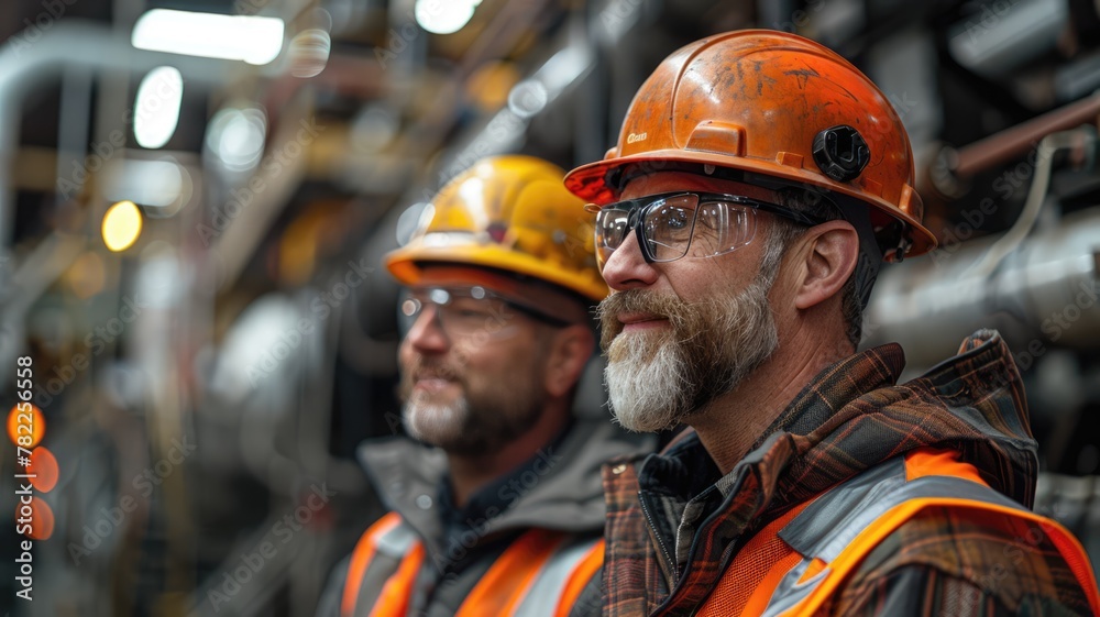 A man in safety vest stands in front of a large industrial plant A man in safety vest stands in front of a large industrial plant
