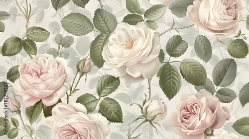 Elegant Victorian Rose Floral Pattern in Soft Pastel Shades with Delicate Intertwined Leaves for Classic Wallpaper or Textile Design