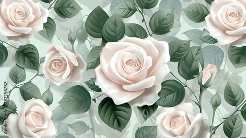 Elegant Pastel Rose Floral Pattern with Delicate Green Leaves for Classic Wallpaper and Textile Design