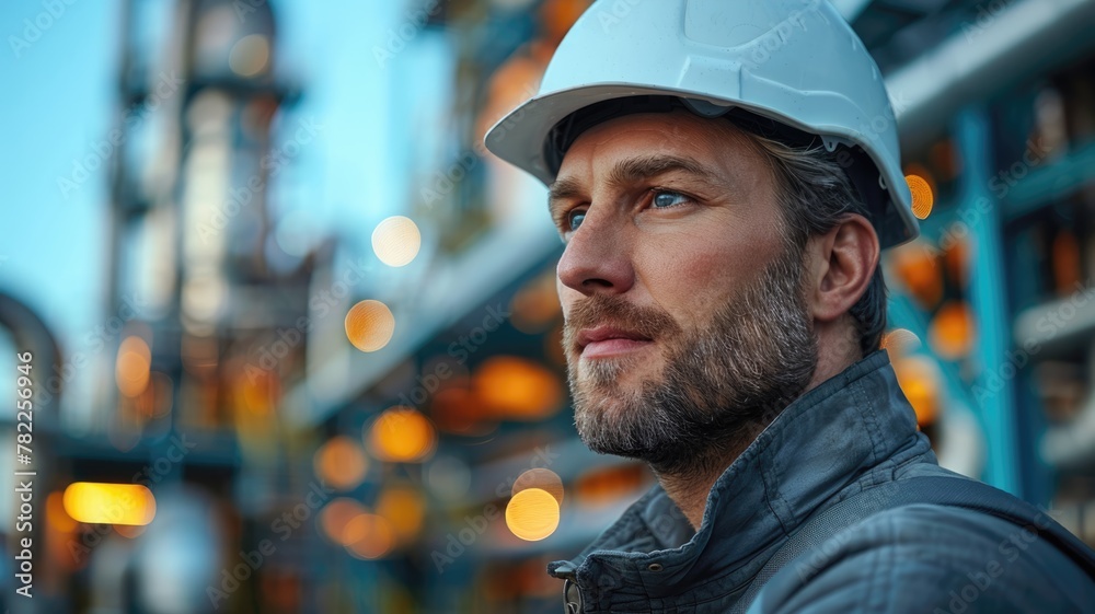 A man in safety vest stands in front of a large industrial plant A man in safety vest stands in front of a large industrial plant