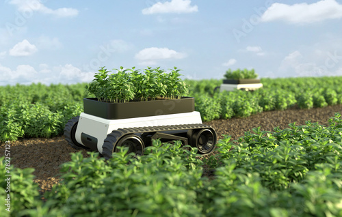 Agricultural robots work in smart farms, Smart agriculture farming concept. 3D illustration