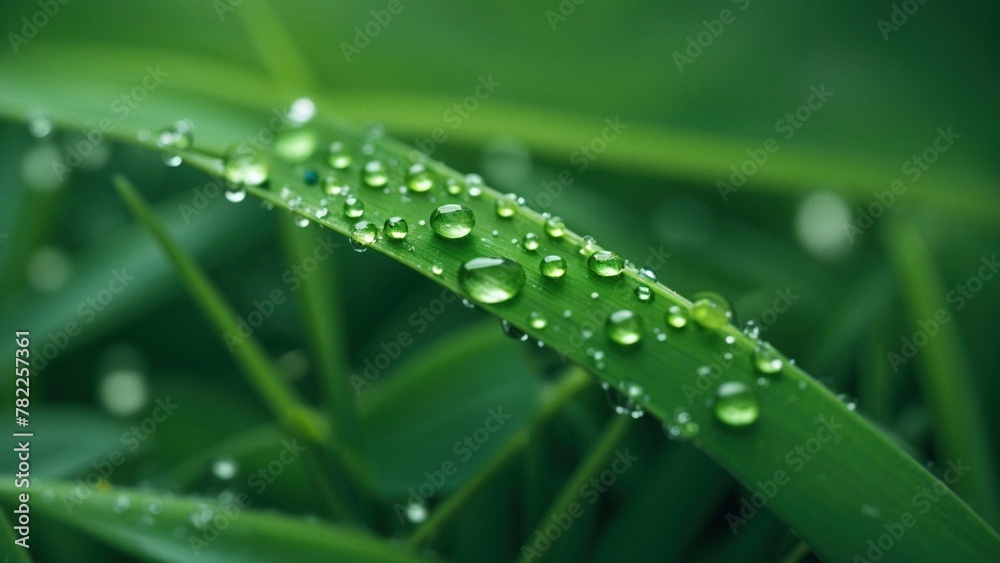 Wet green grass covered in fresh rain dew water drops macro close-up illustration. Realistic detailed nature eco background wallpaper header design concept with blur bokeh effect. Wet green grass covered in fresh rain dew water drops macro close-up illustration. Realistic detailed nature eco background wallpaper header design concept with blur bokeh effect.