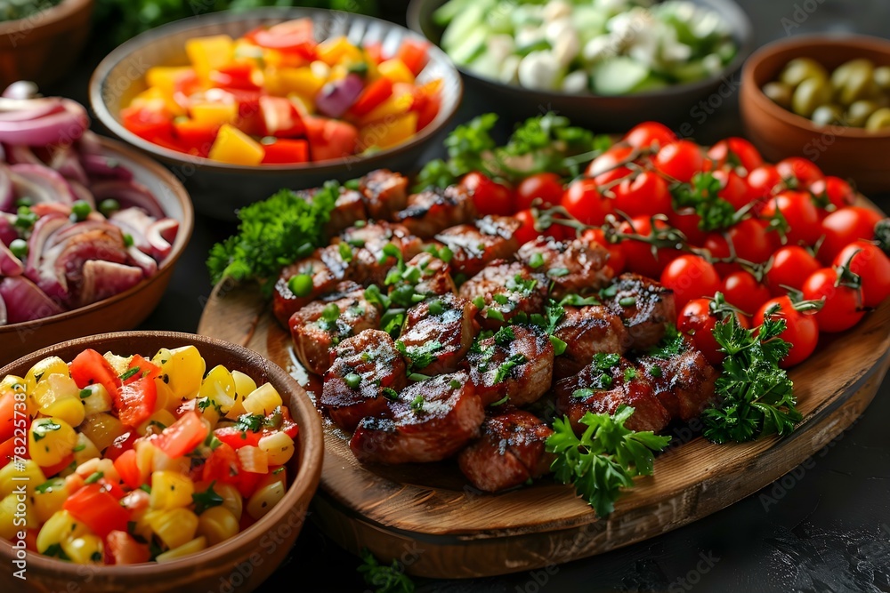 Buffet Spread: Vibrant Meats & Veggies Banquet. Concept Buffet Spread, Vibrant Meats, Veggies Banquet
