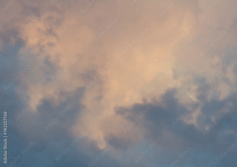 Sky with clouds at sunset. Landscape vector background. Hand drawn art illustration.
