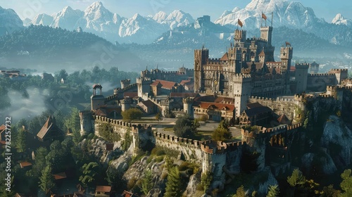 A medieval castle in a video game, with grand halls and royal treasures,