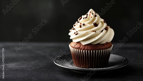  Deliciously indulgent chocolate cupcake with a generous swirl of whipped cream and chocolate shavings photo