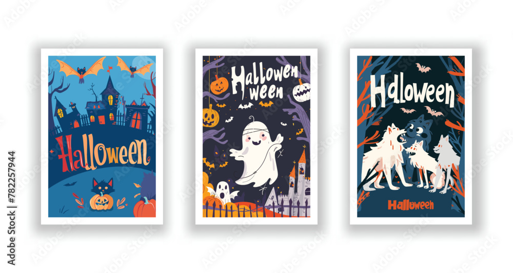 Set of 3 Halloween Card, Poster, hand drawn cute flyer. Postcard with letter 