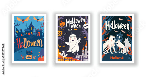 Set of 3 Halloween Card, Poster, hand drawn cute flyer. Postcard with letter "Halloween". Bats, Pumpkins, Zombies, Scarecrows, Witches... Background. Vector illustration