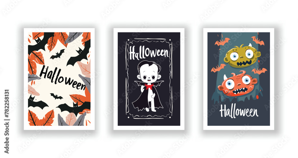 Set of 3 Halloween Card, Poster, hand drawn cute flyer. Postcard with letter 