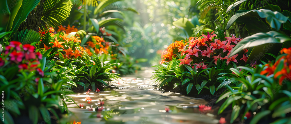 Lush Green Garden Pathway, Bright Floral Landscaping, Tranquil Nature and Outdoor Beauty in Sunlight