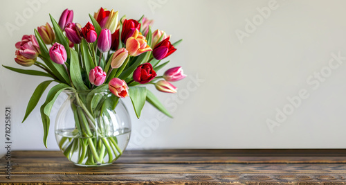 Beautiful fresh tulips bouquet in a transparent glass vase on a wooden table white wall background with a place for text. AI generative #782258521