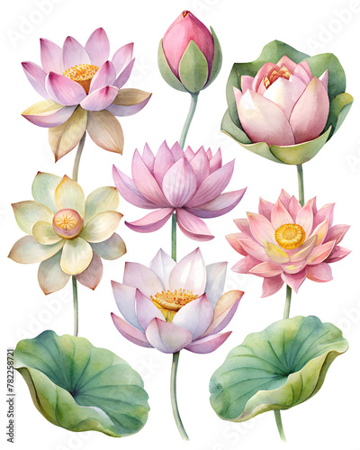 Set of lotus flower elements for stickers and card decorations watercolor style