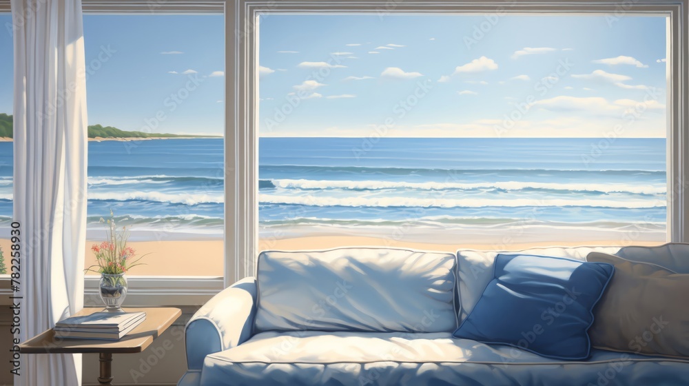 Illustrate the tranquility of a coastal beach house view through a ...