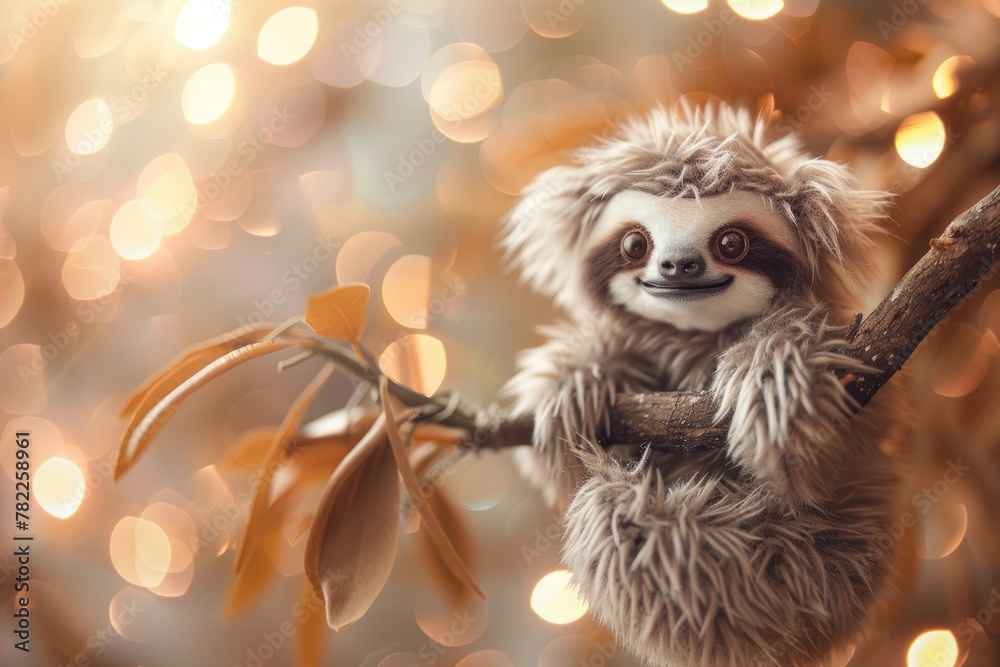 Fototapeta premium A plush sloth clings to a branch, surrounded by a magical bokeh light backdrop