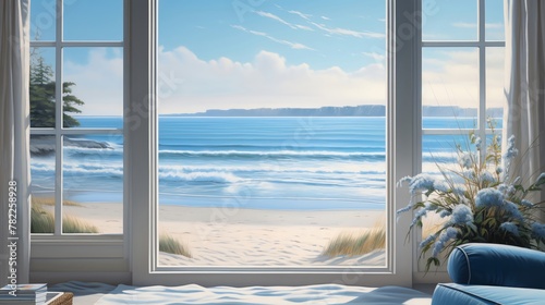 Illustrate the tranquility of a coastal beach house view through a window  conveying the serene waves and sandy shore with a mix of digital rendering and traditional oil painting