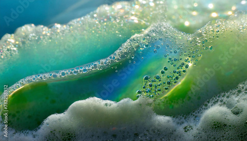 Close-up of vibrant green and blue soap bubbles with a frothy texture.