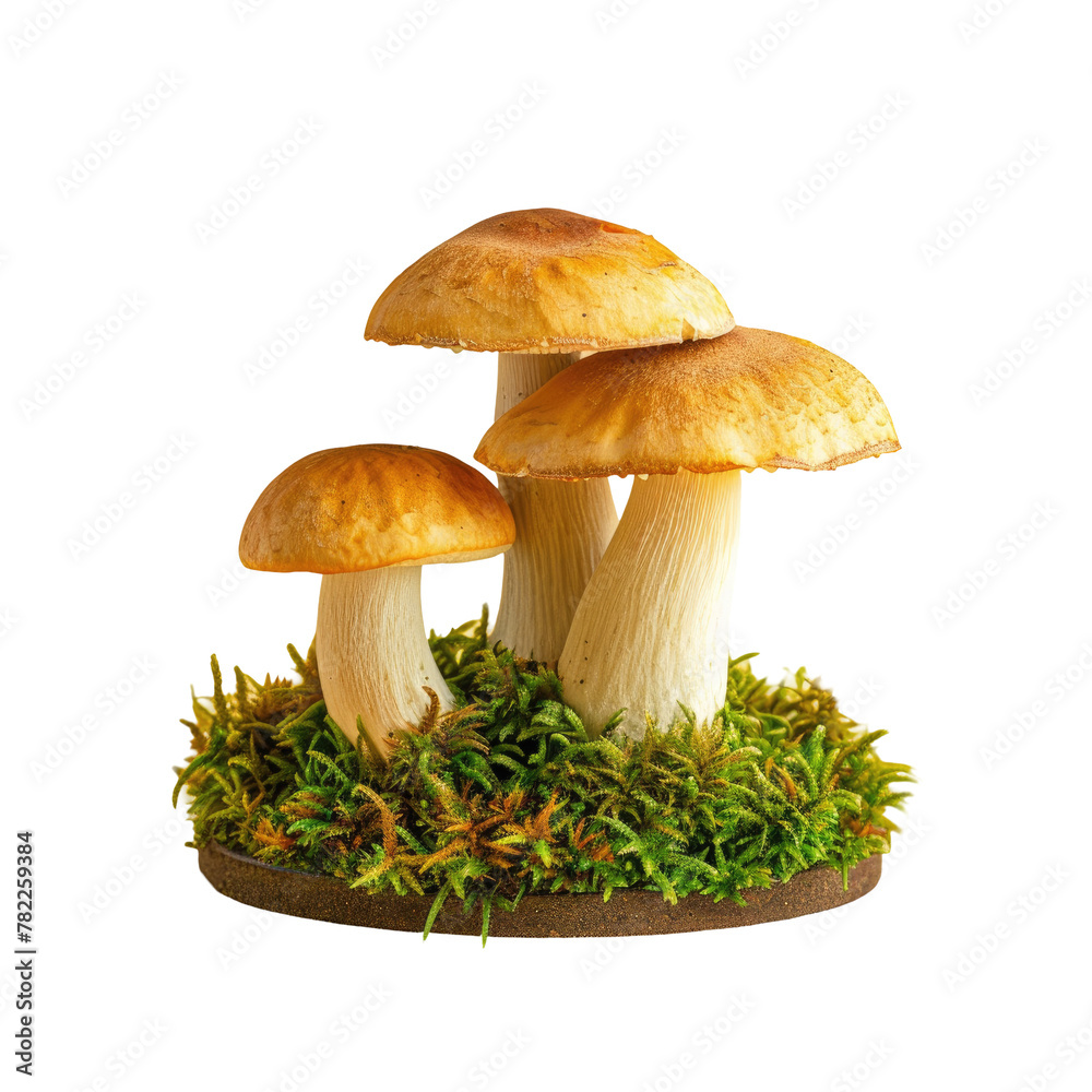 Three mushrooms on mossy surface
