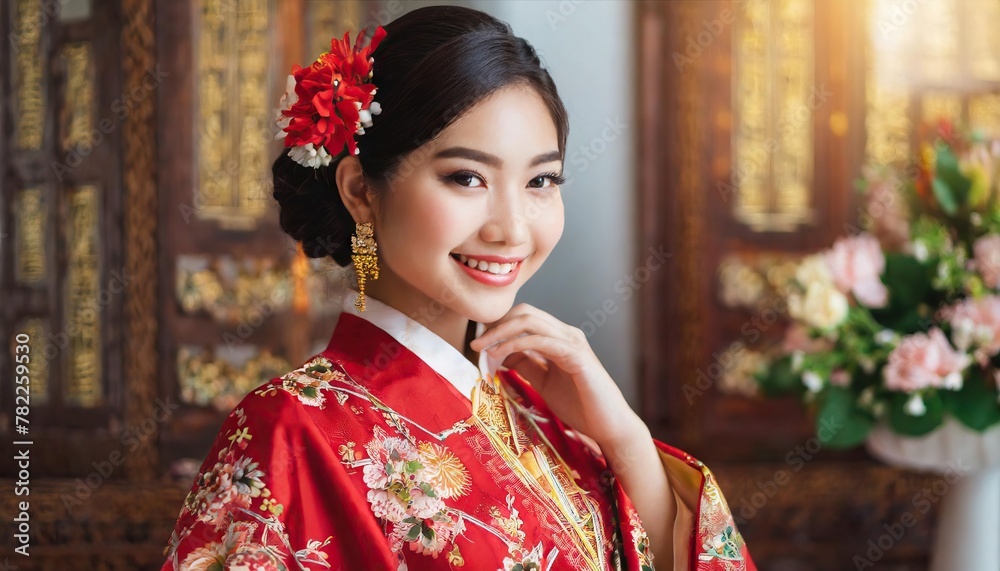  Close up portrait of beautiful young Asian bride in red traditional clothes, Ancient dressed up young woman in red floral kimono on traditional room background