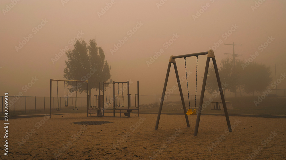 Thick toxic smog playground, swings, environmental pollution effects, foggy day Thick toxic smog playground, swings, environmental pollution effects, foggy day