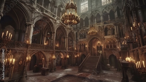 A medieval castle in a video game, with grand halls and royal treasures,