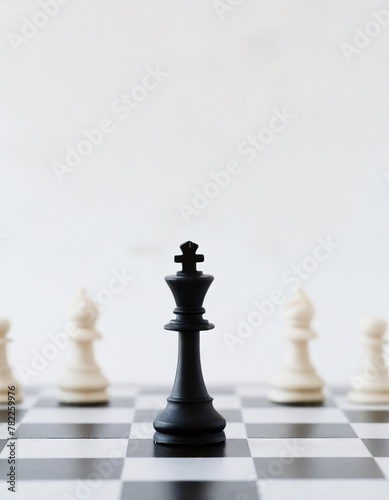 chess board, black king alone against white figures