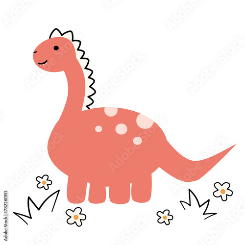 cute hand drawn cartoon character red dinosaur funny vector illustration with daisy flowers isolated on white background	