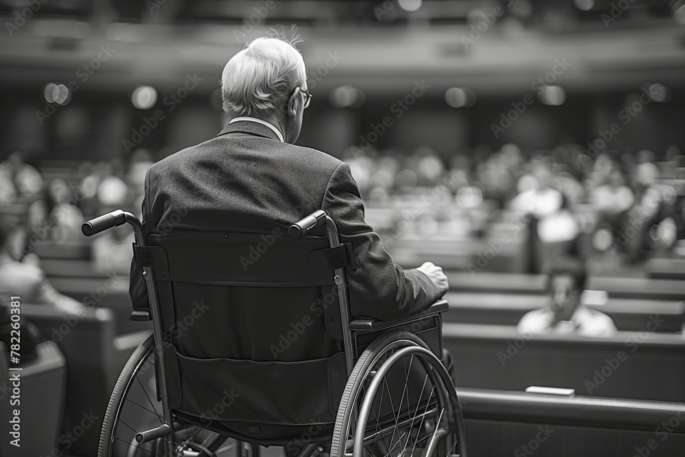 Obraz premium Senior attendee in wheelchair at conference hall
