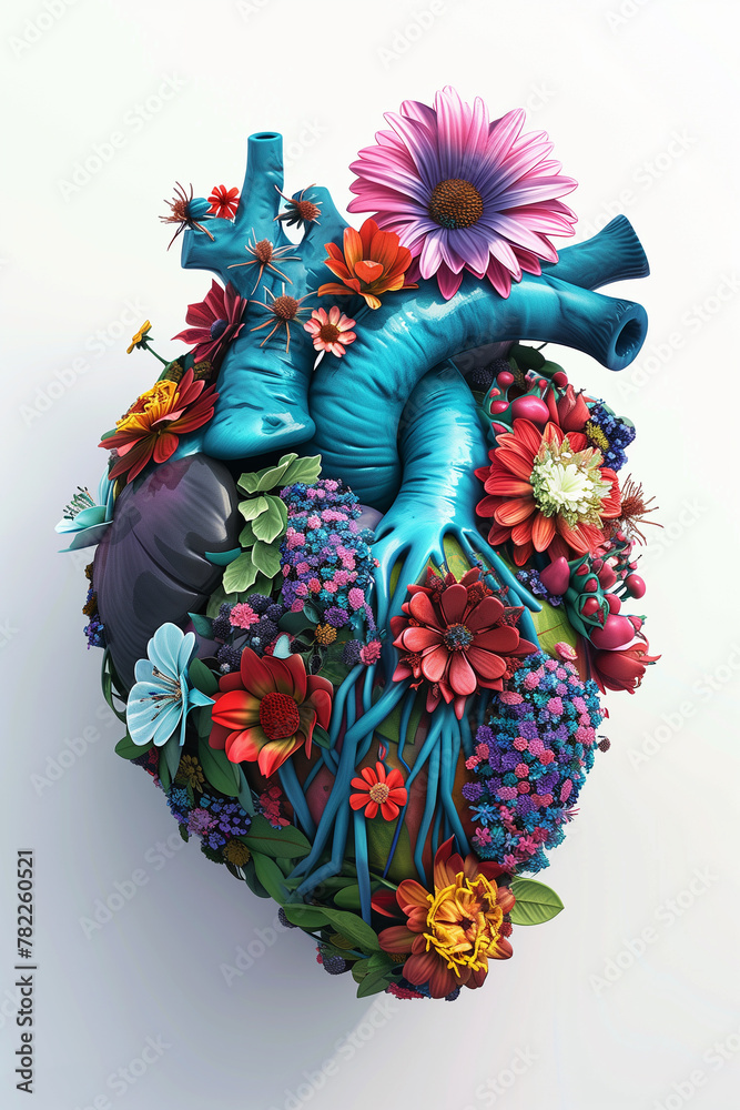 Anatomical heart full of flowers, illustration, 3D render, dark blue and teal colour palette, in the style of unknown artist on white background