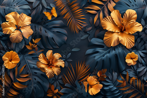 Beautiful tropical vintage palm leaves, trees, gold flowers, birds and jungle animals. floral pattern on the black background. Exotic jungle wallpaper, illustration © Anna