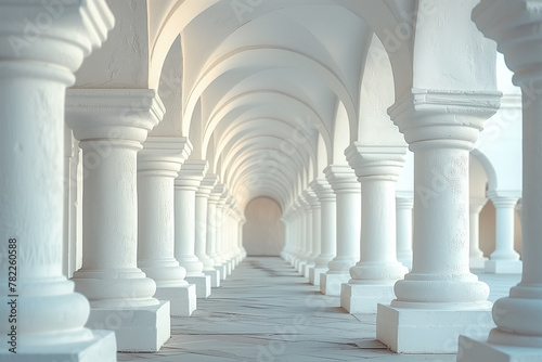 A delightful architectural tunnel of white columns. Archway. Ancient arches architecture detail of old building