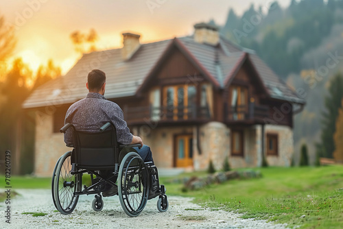 Man in wheelchair enjoying sunset by countryside home