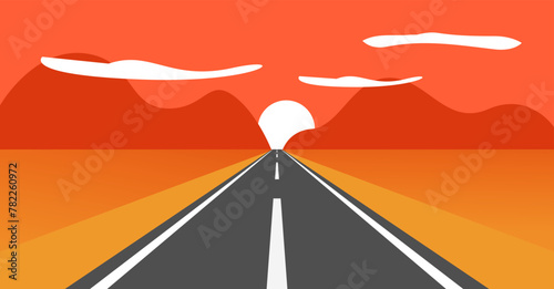 Sunset desert road way landscape vector graphic illustration flat cartoon simple background, red orange sunrise highway scenery trip journey, western nature sun rise on mountain horizon image