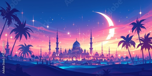 cartoon landscape view of the beautiful mosque in abstract gradient background  night sky with moon and stars 