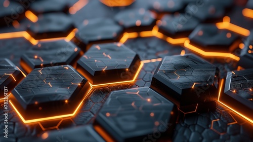 A 3D illustration of dark hexagonal small shapes with glowing edges, presenting a futuristic vibe photo