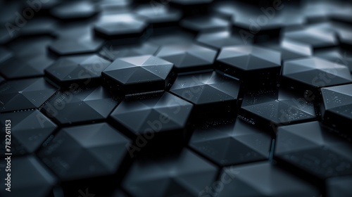 A 3D illustration of dark hexagonal small shapes with glowing edges, presenting a futuristic vibe