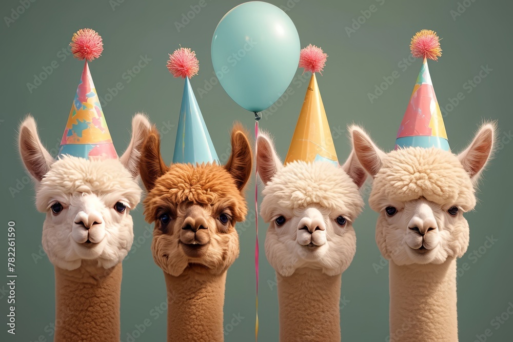 Fototapeta premium All the alpacas. In the photo, four funny and fluffy alpacas in colorful birthday hats 