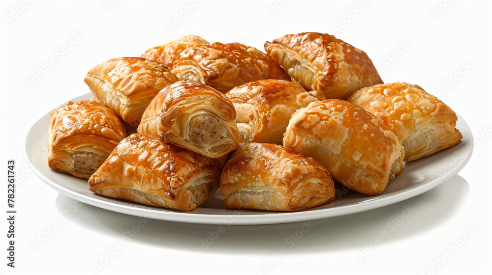 A plate of Sausage Rolls Isolated on a White Background