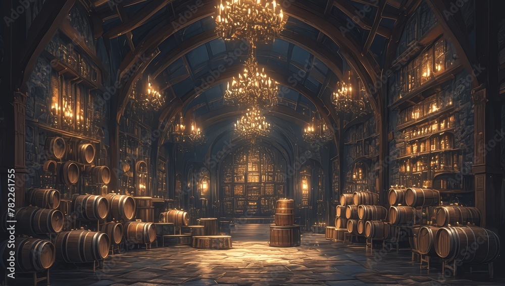 An ancient, dimly lit wine cellar with high ceilings and stone floors, filled with wooden barrels of aged oak in various shapes and sizes. 