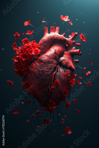 Human heart with flowers in the shape of a red broken heart  petals scatter  line diagram background  dark background  3d  render