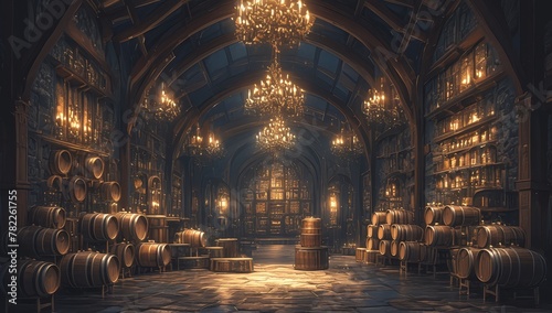 An ancient, dimly lit wine cellar with high ceilings and stone floors, filled with wooden barrels of aged oak in various shapes and sizes.  photo