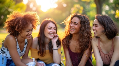 Four women are sitting together in a park, laughing and smiling photo