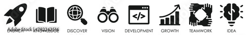 Startup abstract icons set. Starting business symbols flat 8 icons collection. Launch, development, growth, idea