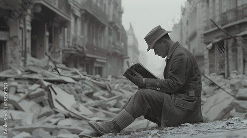 Man reading the Bible in the street during war