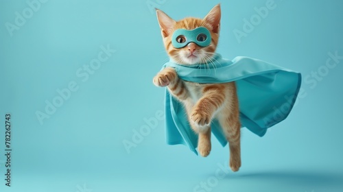 A superhero cat, adorned in a blue cloak and mask, leaps gracefully across a light blue backdrop © LaxmiOwl