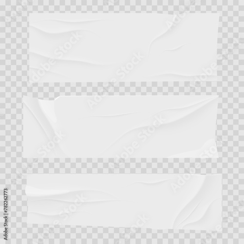 Glued sticky set white skotch tape paper stripe. Crumped surface label, mockup sticker. Rectangle piece, wrapped page on transparent background.