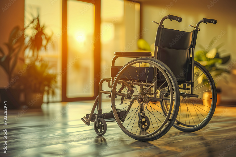 Serene sunset in room with empty wheelchair