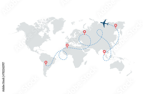 Airplane path in dotted line shape on the world map, World map of airline airplane flight path travel plans. Tourism and travel. Vector illustration